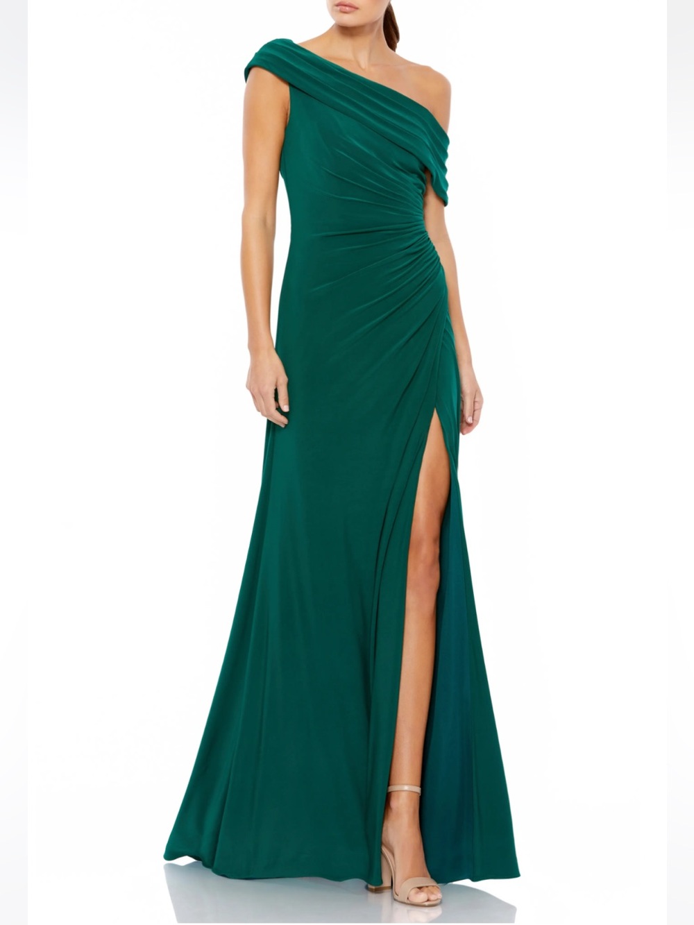 Ieena for Mac Duggal Ruched One- Shoulder Trumpet Gown